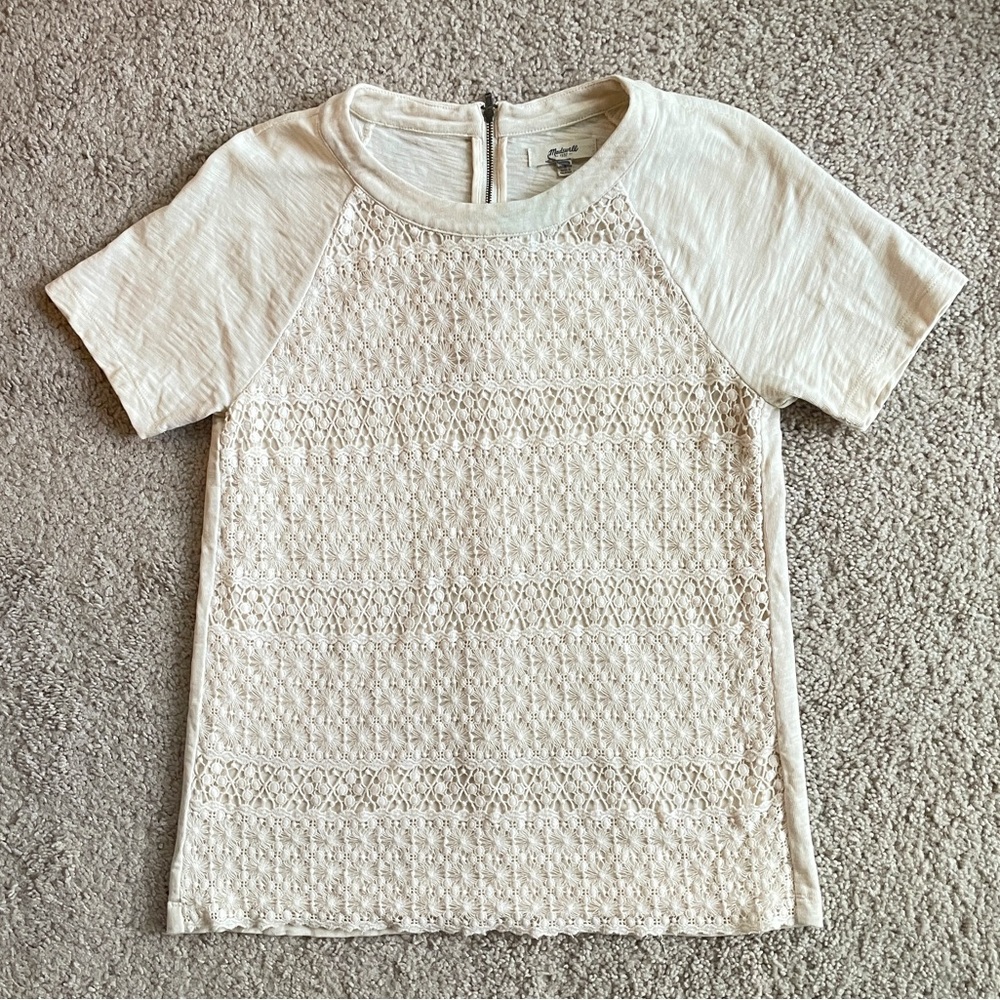 Madewell Eyelet Lace Cream Ivory Burnout Textured Short Sleeve Top Size Small